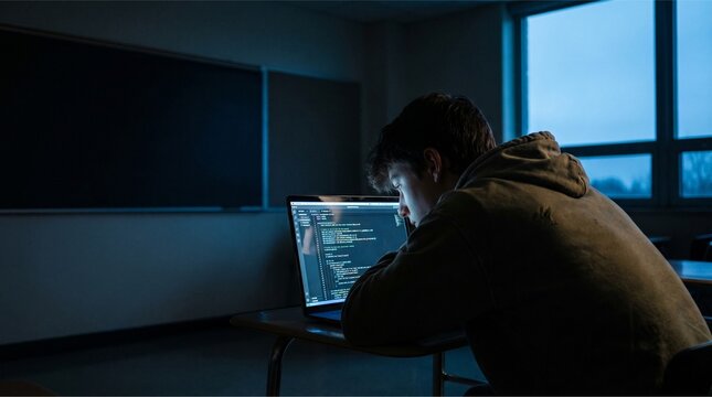 Over the shoulder shot of a student programming on laptop in a dark classroom with blank blackboard copy space