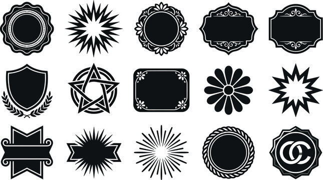 Collection of black silhouette labels and frames with various geometric shapes including stars shields circles and floral borders on a white background