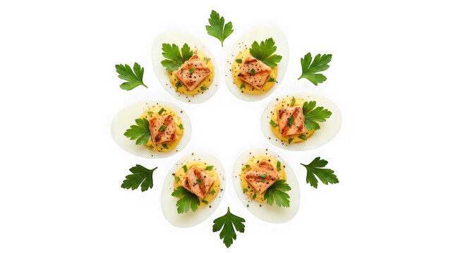 Deviled eggs with grilled salmon and fresh parsley isolated on transparent background