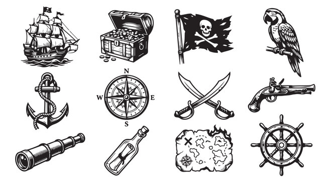 Nautical pirate adventure elements and treasures icon collection with nautical adventure treasure