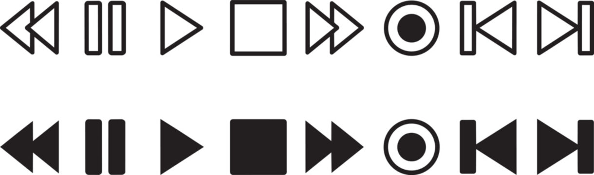 Minimalist black and white media player control button set vector illustration isolated on transparent background