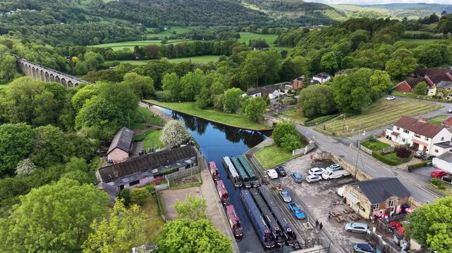 Pontcysyllte Aqueduct and Trevor Basin Visitor Centre North Wales drone aerial