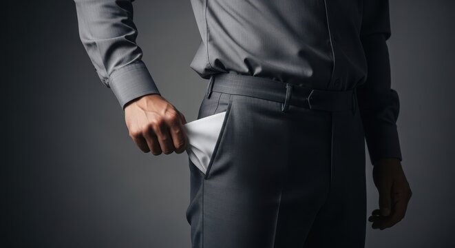 Closeup of a businessman pulling an empty pocket out of his trousers