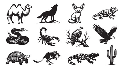 Obraz premium Set of black desert animal icons including camel wolf scorpion lizard and vulture silhouettes