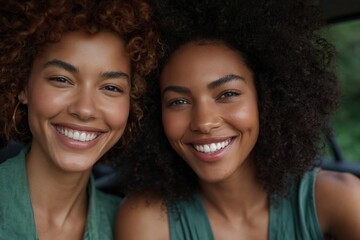 Fototapeta premium Two women smiling closely together inside vehicle cabin