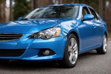 Fototapeta premium Blue coupe parked on asphalt road near pine forest