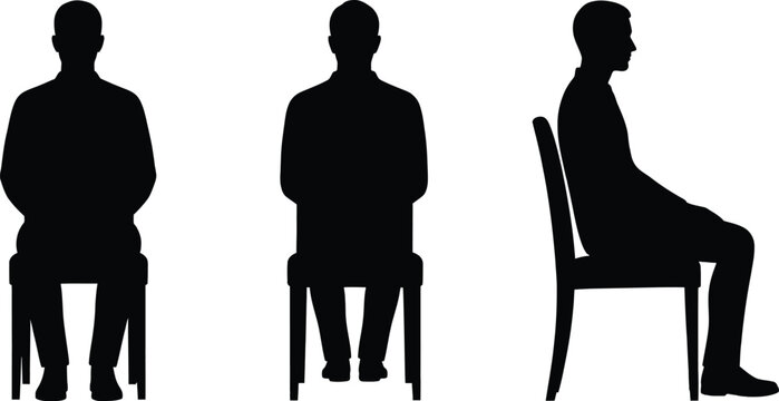 Black silhouette of a man sitting on a chair from front back and side view