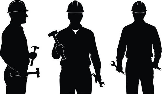 Black silhouettes of construction workers with tools and hard hats in different poses