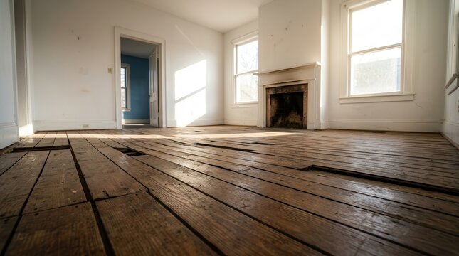 Renovation needed in a vacant home with sunlight through windows and old wooden floors.