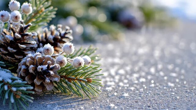 Pine cones and frost covered berries with evergreen branches in falling snow