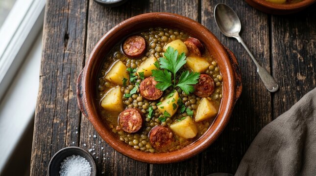 A top-down shot of hearty lentil stew featuring chorizo and potatoes served in a clay bowl.