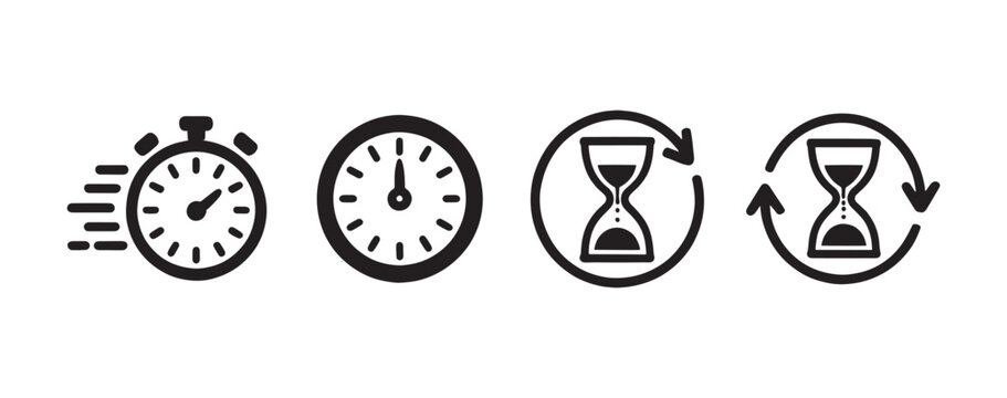 Collection of four black and white representing time management and duration including a stopwatch an analog clock and two hourglass symbols with circular arrows indicating repetition or flow on a