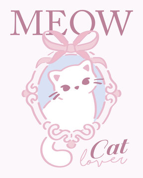 Cute Kawaii Cat Magazine Cover, Kitten in Vintage Frame with Bows, Pastel Pink Kitty Cartoon, Adorable Chibi Cat