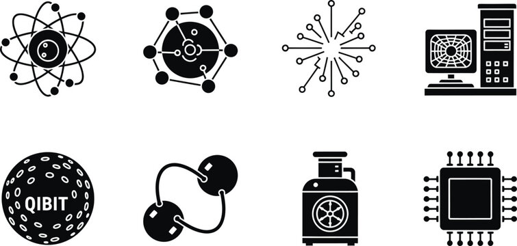 Editable icon set quantum computing and technology symbols
