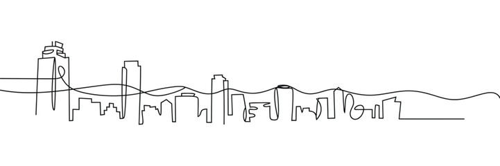 Urban skyline continuous line art, modern city scape with skyscrapers and apartment buildings, panoramic metropolis architecture vector illustration. © Ayat 03