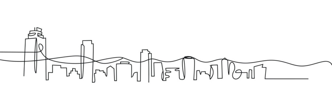 Urban skyline continuous line art, modern city scape with skyscrapers and apartment buildings, panoramic metropolis architecture vector illustration.
