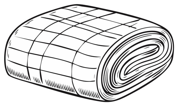 Hand-Drawn Illustration of a Rolled Quilt or Fabric Bolt with Plaid Design
