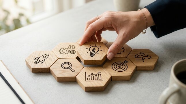 Concept of design thinking methodology shown with wooden blocks and various business icons.