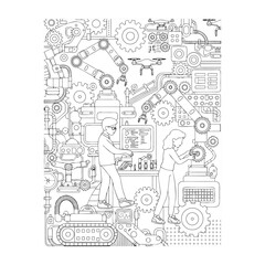 Obraz premium Scientists and engineers working in robotic laboratory line art doodle vector illustration