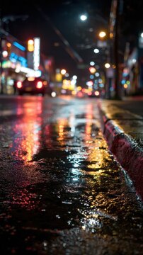 Low angle view of a wet city street at night with colorful light reflections.