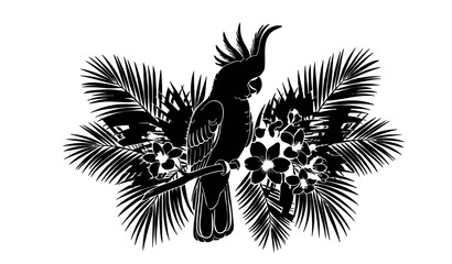Tropical Cockatoo Bird with Flowers and Palm Leaves Silhouette Vector Illustration © Karimul