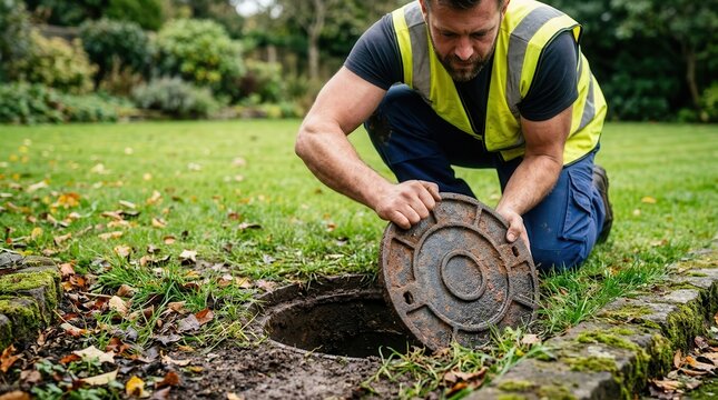 Technician performing septic tank repair and maintenance on an access lid in a residential yard.