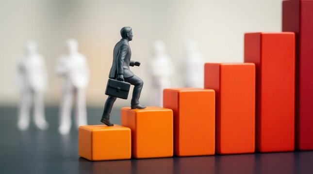 An employee with relevant skills climbing a bar chart to achieve organizational growth objectives.