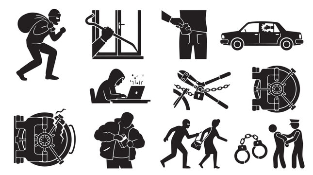 Set of criminal and law enforcement activity black silhouettes with handcuffs security silhouette