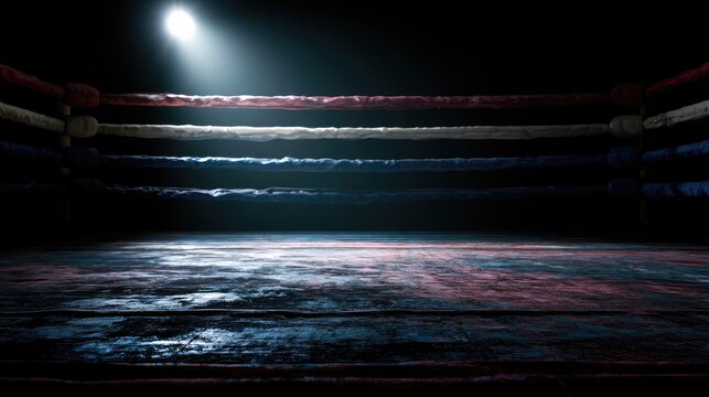Spotlight illuminates a worn boxing ring, empty and ready for action