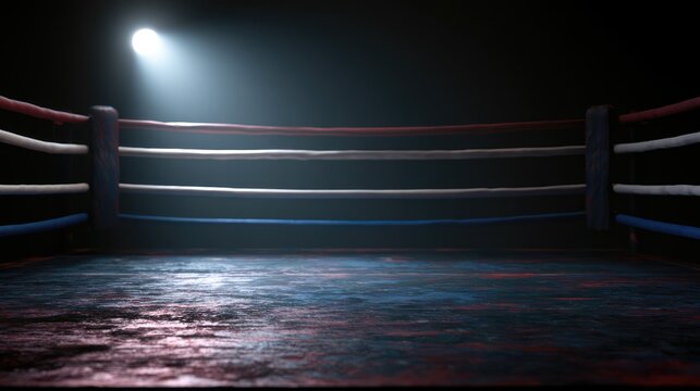 Dimly lit boxing ring with wet, worn floor, suspenseful atmosphere