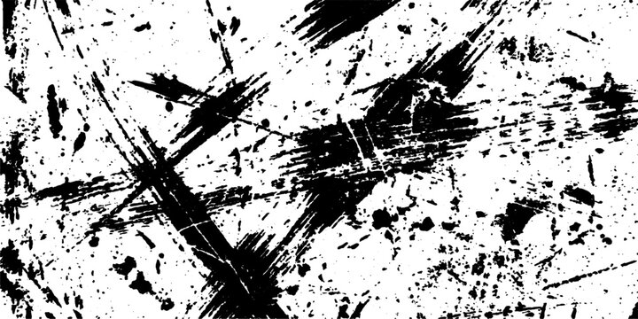 Abstract brush strokes create a dynamic and energetic pattern of black ink splatters and lines on a stark white background, conveying a sense of raw artistic expression.