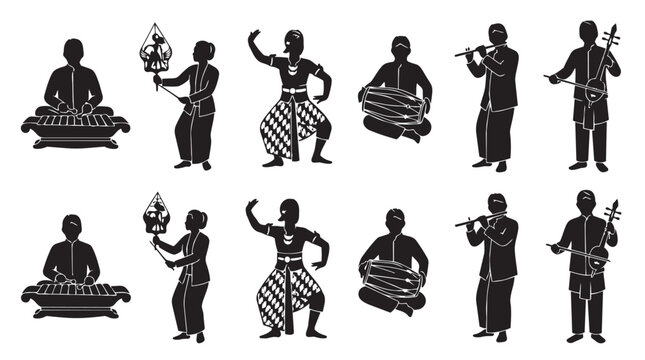 Silhouettes of traditional indonesian dancers and musicians with musician tradition performance