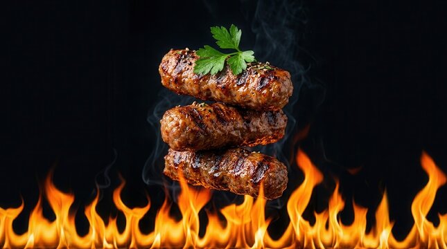 Three grilled cevapcici sausages stacked vertically above intense orange flames on a dark background.