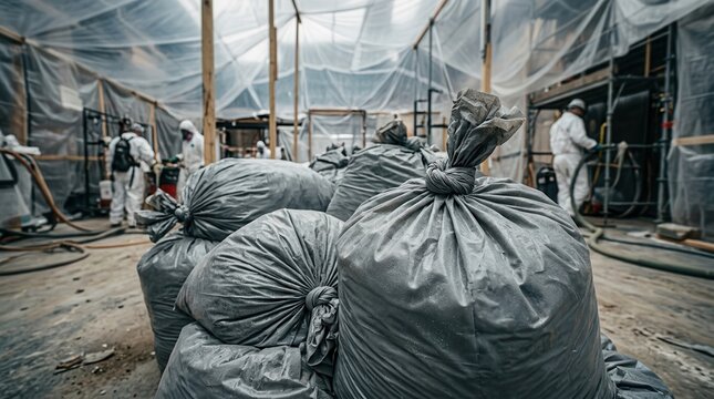 Containment of asbestos abatement waste in heavy duty sealed debris bags.