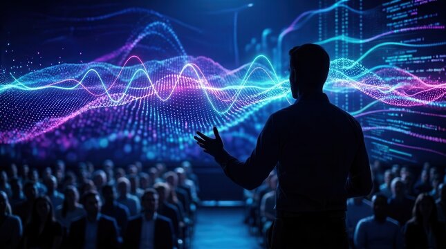 Speaker silhouette gesturing towards a crowd during a tech conference with abstract data visuals.