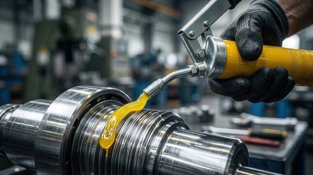 Maintenance worker uses a grease gun to apply protective oil coating to a metal machine part.