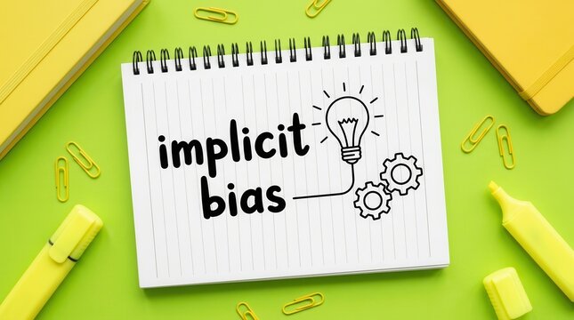 Notebook page featuring implicit bias text and a lightbulb idea icon for educational topics.