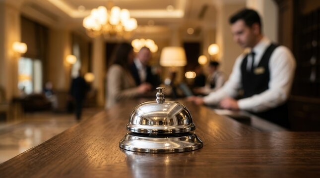 Elegant hotel reception desk featuring a service bell and blurred concierge staff for a premium travel experience.