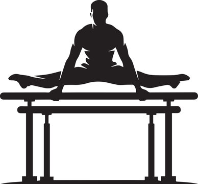 Male gymnast silhouette on parallel bars doing splits strength and flexibility display sport.