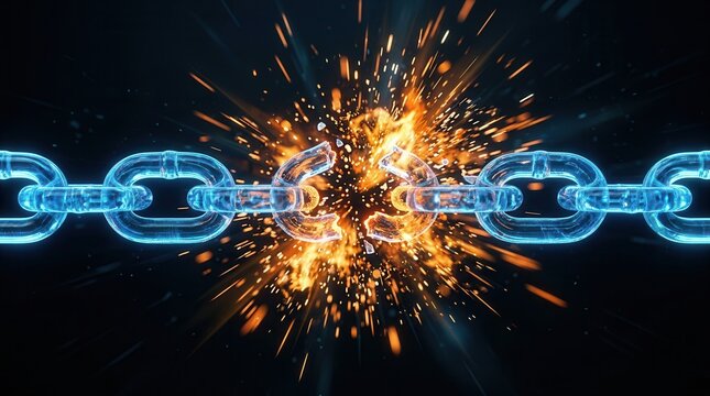 Glowing digital chain links snapping at the break point representing resilience and security breach concepts.