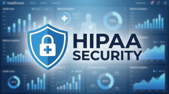 Medical data protection and HIPAA security icon set against a blurred healthcare analytics and data dashboard.
