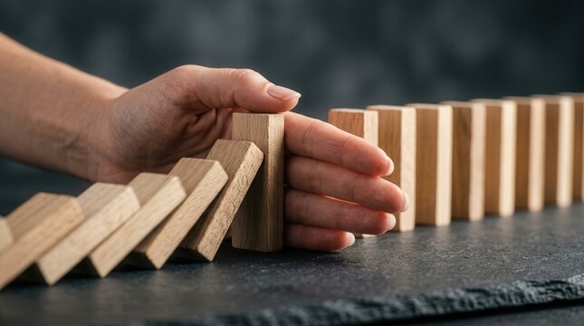 Close up of a person holding a wooden block to stop falling dominoes.