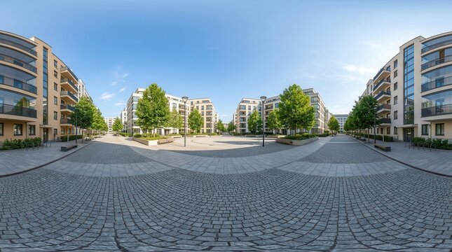 Urban residential square with tall buildings in a 360-degree HDRI equirectangular format.