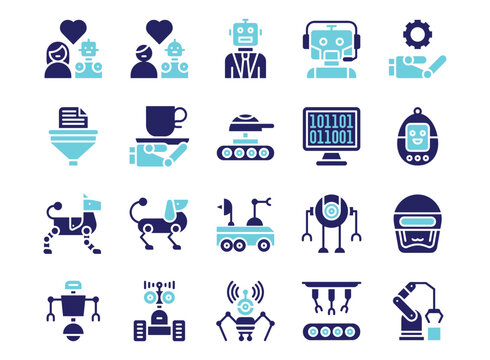 20 AI and Automation Solid Icon Set &mdash; Robot, Machine Learning, Robotic Dog, Industrial Arm, Cyborg, and Future Technology Symbols in Navy Blue and Cyan