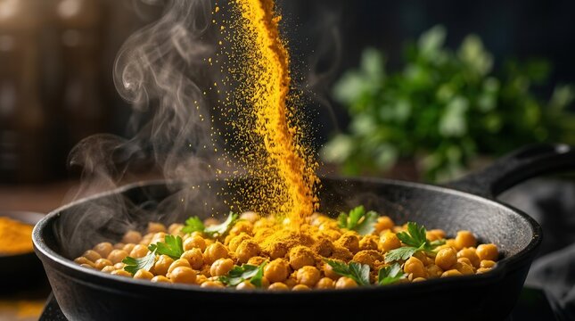 A close-up of turmeric powder cascading into a pan of chickpeas and green parsley with steam.