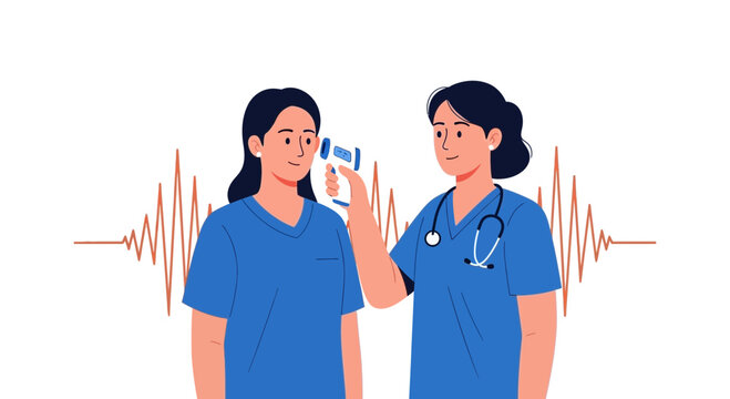 Nurse Takes Patient's Temperature with Infrared Thermometer, Heartbeat Graphic in Background