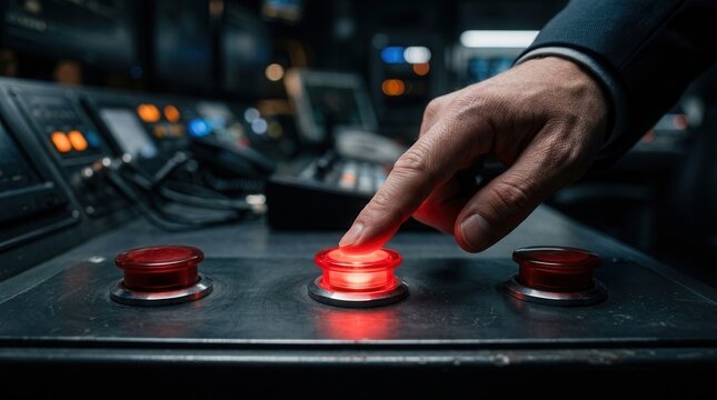 A person's finger pressing a red emergency button to ensure operations continue during unexpected events.