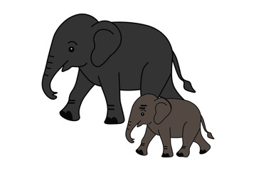 Fototapeta premium Cartoon elephant mother and baby calf vector illustration, cute wild animal family walking together, grey african elephant characters
