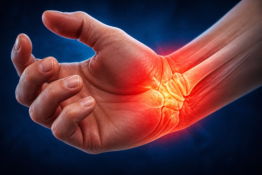 A close-up of a human hand with visible inflammation and pain in the wrist area against a dark background.