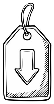 Hand drawn tag with downward arrow illustration representing price reduction or sale